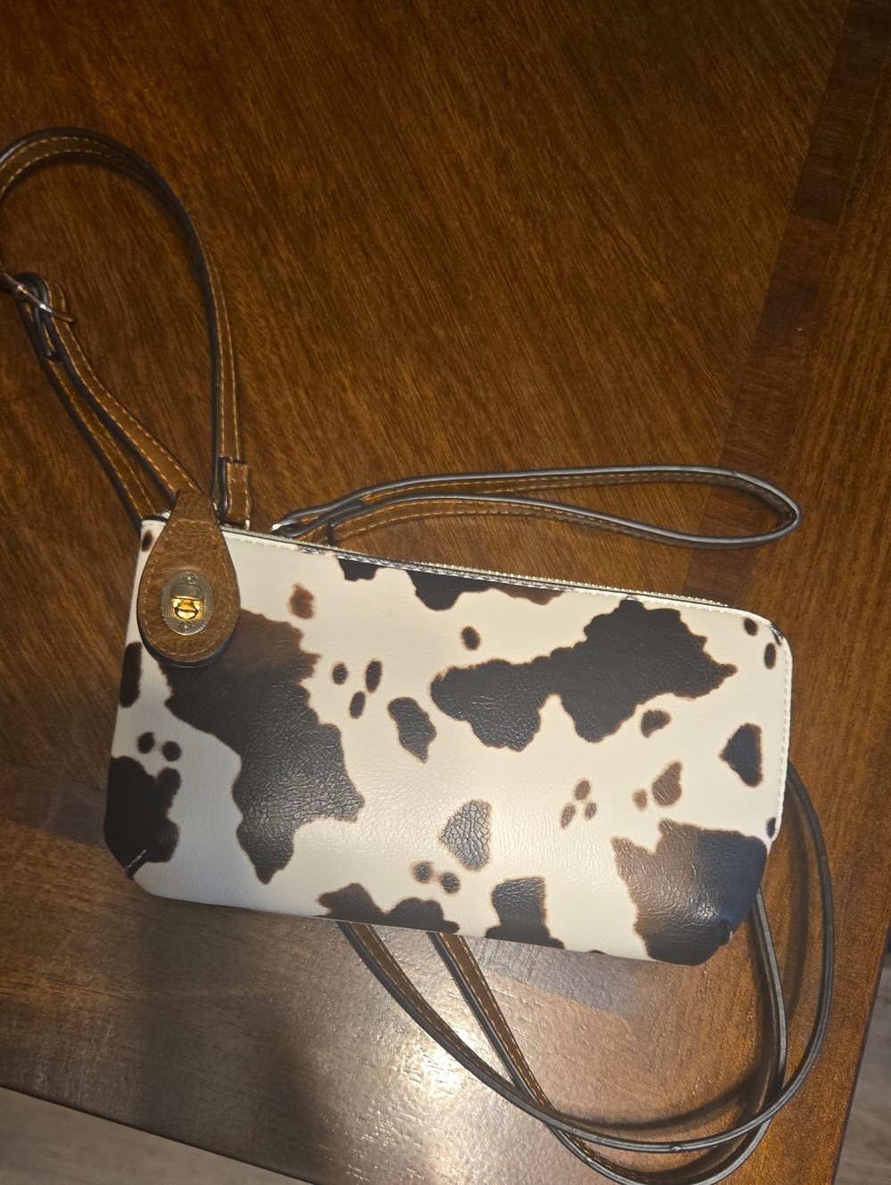 Cow-Print Crossbody Wristlet - Brown & White